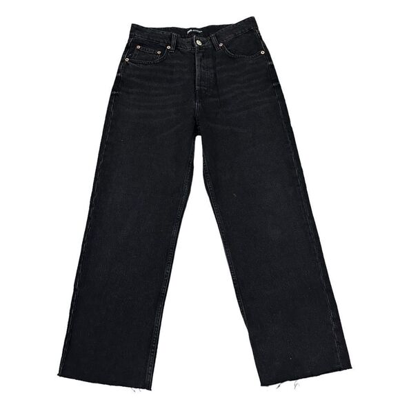 Zara Black Wide Leg Raw Hem High Waisted Button Fly Denim Mom Jeans - Picture 1 of 7